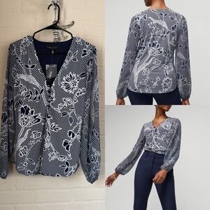 WHBM blouse shirt navy blue NWT Floral Navy Blouse lacing officer blue NEW